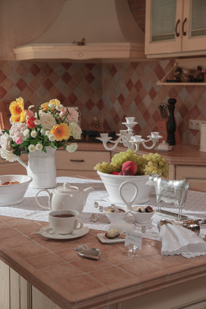 Kitchen surface table with utensilsの写真素材