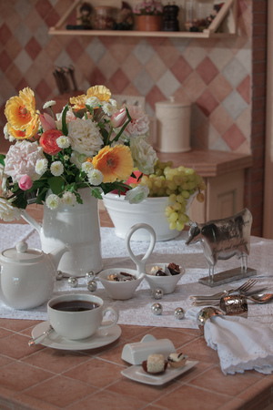 Kitchen surface table with utensilsの写真素材