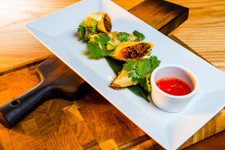 Rolls with minced meat on a plate with sauce and greensの写真素材