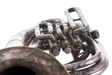 chrome-plated vintage music trumpet, old musical wind instrument isolated on white background,の写真素材