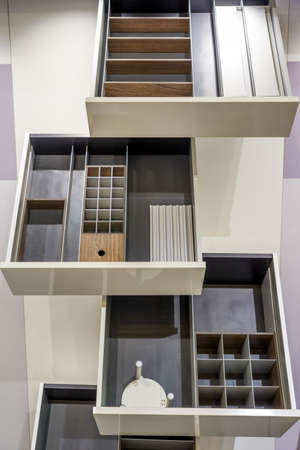 samples of furniture drawers on the exhibition standの写真素材