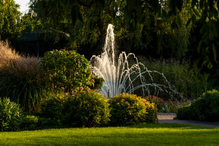 artificial pond with a fountain in the landscape design at sunsetの写真素材