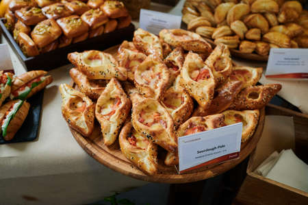 Freshly baked bread on the counter in a bakery, shot close-upの写真素材