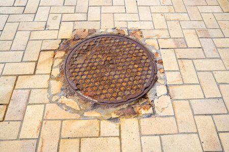 old rusty metal sewer manhole in paving stones on the street, shot close-upの写真素材