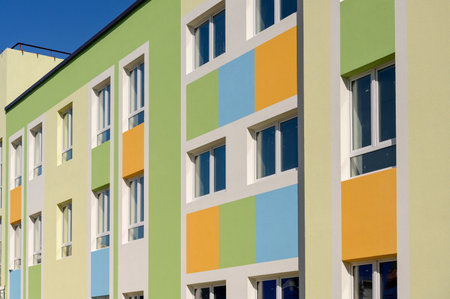 a building painted with different colored paints, an element of a part of the building, close-upの写真素材
