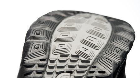 sole of a new boot with a grooved thread, shot close-up, object isolated on a white backgroundの写真素材