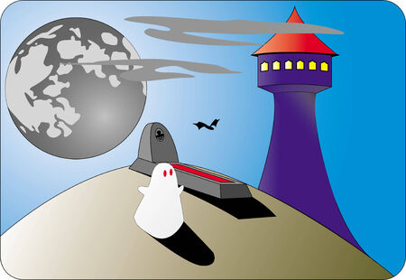 illustration with ghost against the moon, tombs and towersのイラスト素材