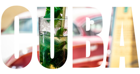 A fresh mojito cocktail with a american classic car in the background as CUBA letteringの写真素材