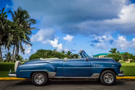 HDR - American blue Chevrolet classic car parked in Varadero Cuba - Cuba Series Reportのeditorial素材