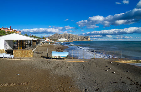 Empty beach at the end of the season  Crimea, Black Sea のeditorial素材