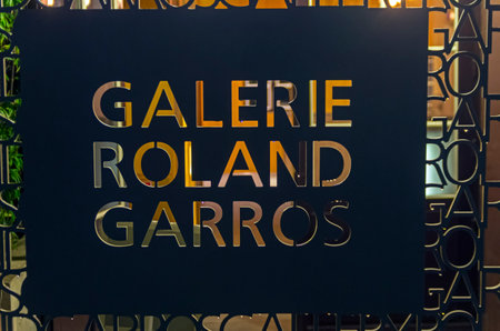Plate with the name of the museum on the history of tennis at Roland Garros stadium. Paris, France.