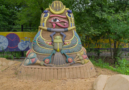 MOSCOW,  RUSSIA - July 31, 2015. The exhibition of sand sculptures in Sokolniki Park. Composition "Egypt" by Eugene Gomanom.のeditorial素材