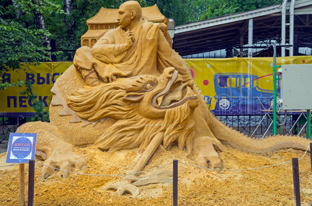 MOSCOW,  RUSSIA - July 31, 2015. The exhibition of sand sculptures in Sokolniki Park. Composition  "China" by Vadim Bandaretsのeditorial素材