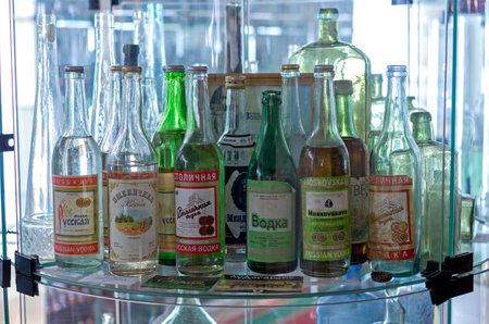 UGLISH, RUSSIA - APRIL 27, 2011: Museum of the History of Russian vodka. Showcase with bottles of the old Soviet vodka popular in the last quarter of the 20th century.のeditorial素材