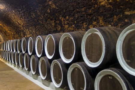 Oak barrels with wine in the sellars of the Sunny Valley winery, Crimea. Crimea.のeditorial素材