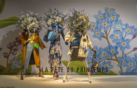 PARIS, FRANCE - MARCH 27, 2017: Mannequins in the showcase of the Printemps department store in...