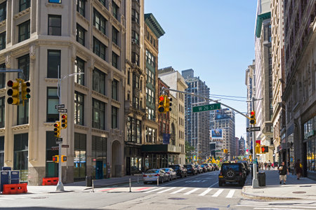 NEW YORK CITY - AUGUST 20, 2017: New York, Manhattan, the intersection of 26th West Street and Broadway. Sunny summer day.のeditorial素材