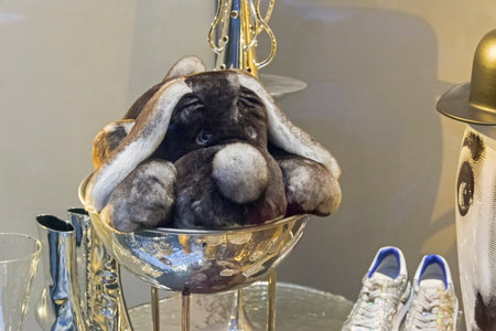 PARIS, FRANCE - DECEMBER 10, 2017: Fragment of decoration of the department store window: a stuffed toy dog in a vase. Paris, France.のeditorial素材