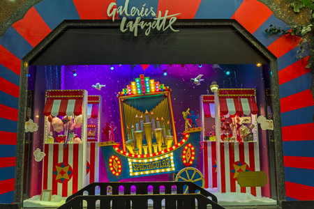 PARIS, FRANCE - DECEMBER 12, 2017: Christmas decorations in the shop window of a Parisian Galeries...
