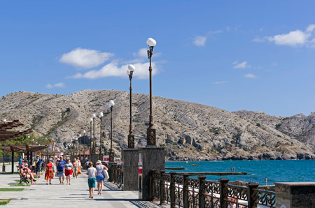 SUDAK, CRIMEA - SEPTEMBER 2, 2017:  The central part of the embankment of the resort town of Sudak, Crimea. The middle of a sunny day in early September.のeditorial素材