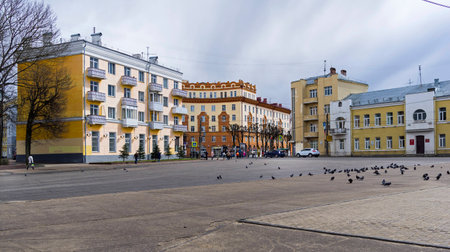 Old buildings in the central part of Smolensk, Russia. Crossing of the Dzerzhinsky Street and October Revolution Street. End of April, cloudy.のeditorial素材