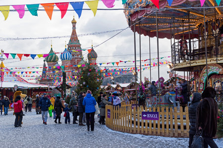 MOSCOW, RUSSIA - DECEMBER 25, 2017: Christmas Fair on the Red Square. Traditional Moscow Festival "Journey to Christmas", 2017-2018. Moscow, Russia, December 2017.のeditorial素材