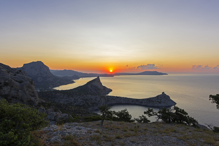 Dawn on the Black Sea coast. View from the top of Karaul-Oba, Novyy Svet, Crimea.の写真素材