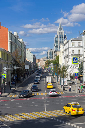 Moscow, Russia - September 17, 2018: Malaya Dmitrovka Street, Moscow. Sunny day in mid-September.のeditorial素材