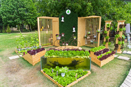 Moscow, Russia - July 6, 2018: An example of a beautiful arrangement of beds with colorful salad. Moscow Flower Show.のeditorial素材