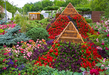 Moscow, Russia - July 6, 2018:  Large flower bed with a variety of flowers. Moscow Flower Show.のeditorial素材