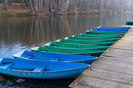 Boat station closed at the end of the season. Pond in the landscape reserve Teply Stan, Moscow, Russia. The beginning of November.のeditorial素材
