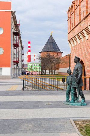 Tula, Russia - April 23, 2019: Monument to the policeman at the wall of the Tula Kremlin. Installed in honor of the 300th anniversary of the Russian police.のeditorial素材