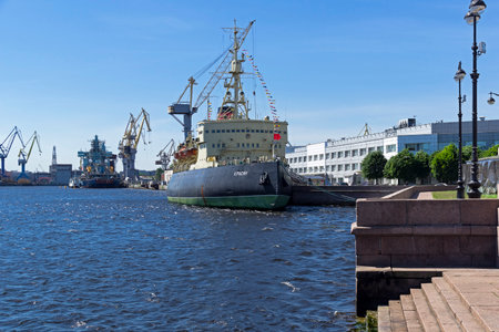 Icebreaker Krasin (now a museum ship) at the embankment of Lieutenant Schmidt against the background...