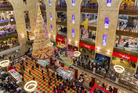 Moscow, Russia - January 7, 2019: The annual Journey to Christmas  Festival. Christmas decorations in the atrium of the Central Children's Store on Lubyanka.のeditorial素材