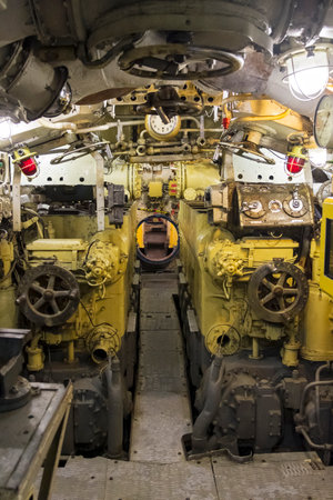 Saint Petersburg, Russia - June 16, 2019: Engine compartment of the museum old soviet submarine....