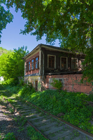 Moscow, Russia - May 19, 2019: Old brick house. 1st Electrozavodsky Lane, 7. Moscow, Russia.のeditorial素材