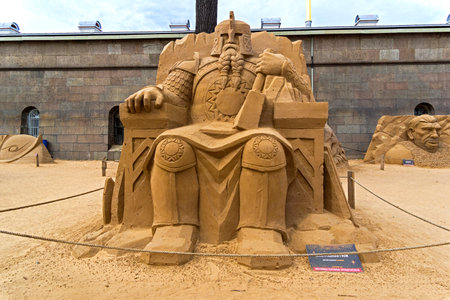 Saint Petersburg, Russia - June 13, 2019: The exhibition of sand sculptures at the Peter and Paul Fortress. Composition "Fearless gnome" by Dmitry Baklamenko from Krasnoyarsk..のeditorial素材