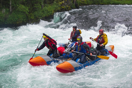 Buryatia, Russia - July 29, 2019: Sports catamaran on the rapids. The  Zhom-Bolok River. East Sayan, Buryatia, Siberia, Russia.のeditorial素材