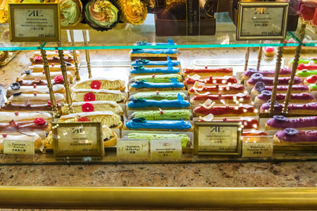 Saint Petersburg, Russia - June 16, 2019: A counter with sweets and cakes in Elisseeff Emporium.のeditorial素材