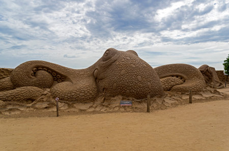 Saint Petersburg, Russia - June 13, 2019: The exhibition of sand sculptures at the Peter and Paul Fortress. Composition "Giant octopus".のeditorial素材