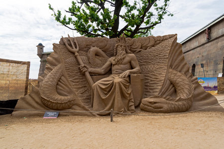Saint Petersburg, Russia - June 13, 2019: The exhibition of sand sculptures at the Peter and Paul Fortress. Composition "The underwater kingdom of Poseidon".のeditorial素材