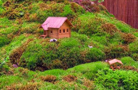 Modeling a rural landscape by installing wooden models of rural houses in a landscape created from colorful mosses.の写真素材