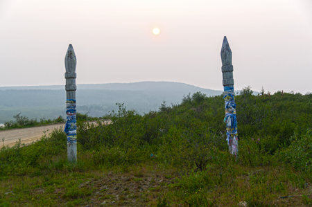 Ovoo - place of worship of local spirits in Buryat culture. Next to Okinsky Lake, Buryatia, Russia.の写真素材