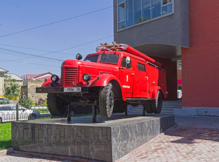 Irkutsk, Russia - August , 2021: The ZIS old Fire truck, installed as a monument at the Irkutsk...
