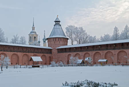 Monastery apothecary garden in winter. Savior Monastery of Saint Euthymius, Suzdal, Russia. Cloud...