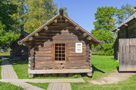 Vitoslavitsy, Veliky Novgorod, Russia - September 10, 2022: A granary from the village of Borikhino, Pestovsky District (early 20th century). Museum of Wooden Architecture. Sunny day in September.のeditorial素材