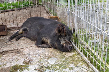 Wild boar in the zoo. "Taiga Zoo" in the village of Artybash on the shore of Lake Teletskoye, Russia. August.の写真素材