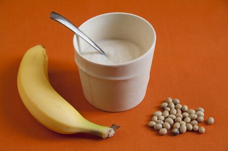 Close-up view of organic Banana Soy Yogurtの写真素材