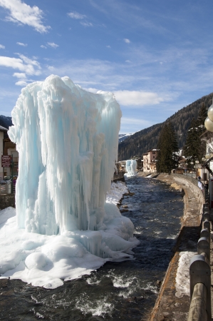 Scenic view of Moena. Ice Sculpture on river Avisio. Trentino Alto Adige, Dolomites, Italy, Europe.の写真素材