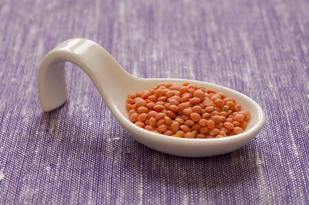 Close-up view of Organic hulled Red small Lentils in a spoonの写真素材